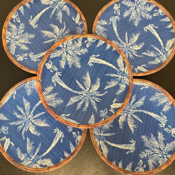 Members Mark Tropical Ikat Melamine Plate Set of 5 Blue Palm Tree Bamboo Trim - Picture 8 of 9